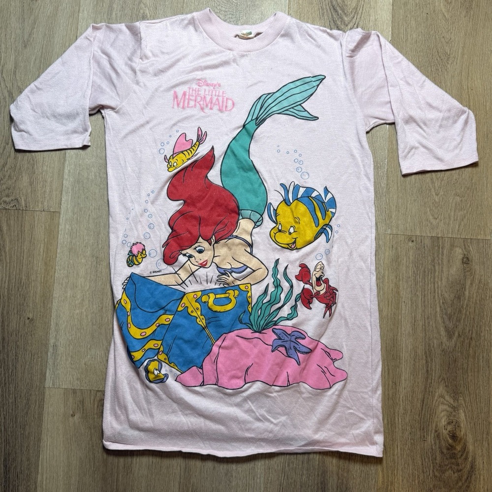 Rare Vintage The‎ Little Mermaid Pink Pajama Shirt Dress Disney Kids Size 14